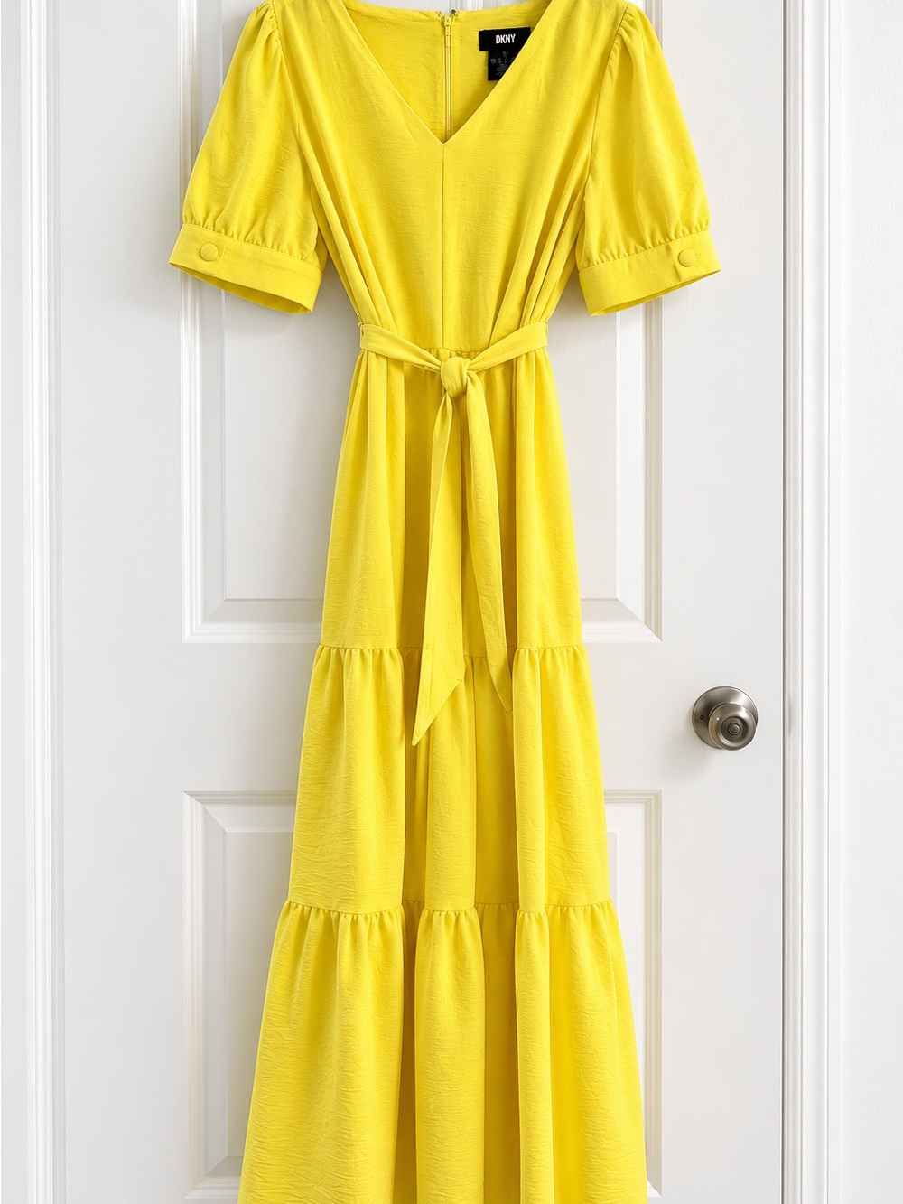 DKNY Yellow Midi Dress Size 14 Puff Sleeve